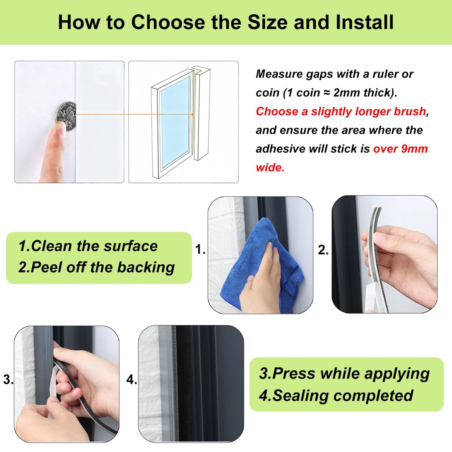 ZOMPAGO Strong Adhesive Brush Weather Stripping 0.9in (T）x 0.4in (W) x 33FT, Grey, Door Seal for Sliding Windows & Doors, Soundproof Noise Blocker, Draft Stopper for Garage Door Frame & Exterior Doors