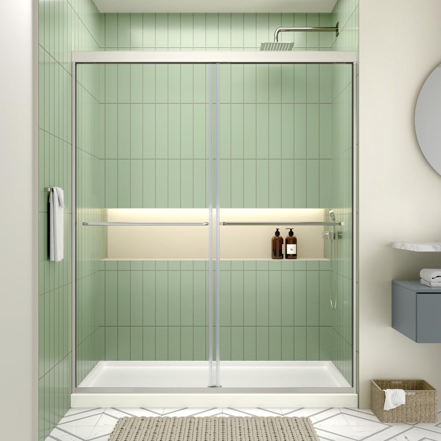 ACE DECOR 44-48" W x 70" H Semi-Frameless Shower Door, Double Sliding Shower Door with 1/4" (6mm) Clear SGCC Tempered Glass, Chrome Finish Shower Doors, Reversible Installation