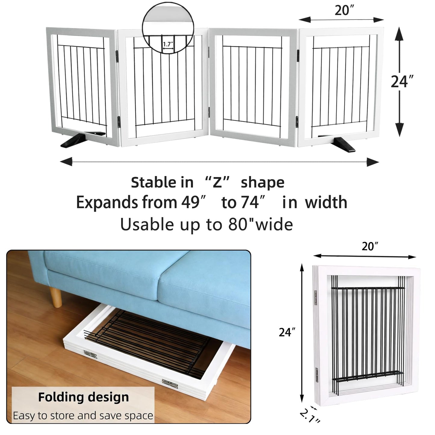 ZJSF Freestanding Dog Gate Indoor, Foldable Dog Fence for Doorways,Hallways or Stairs, Sturdy Wood Extra Wide Pet Gate with Support Feet,White,24 "Height-4 Panels