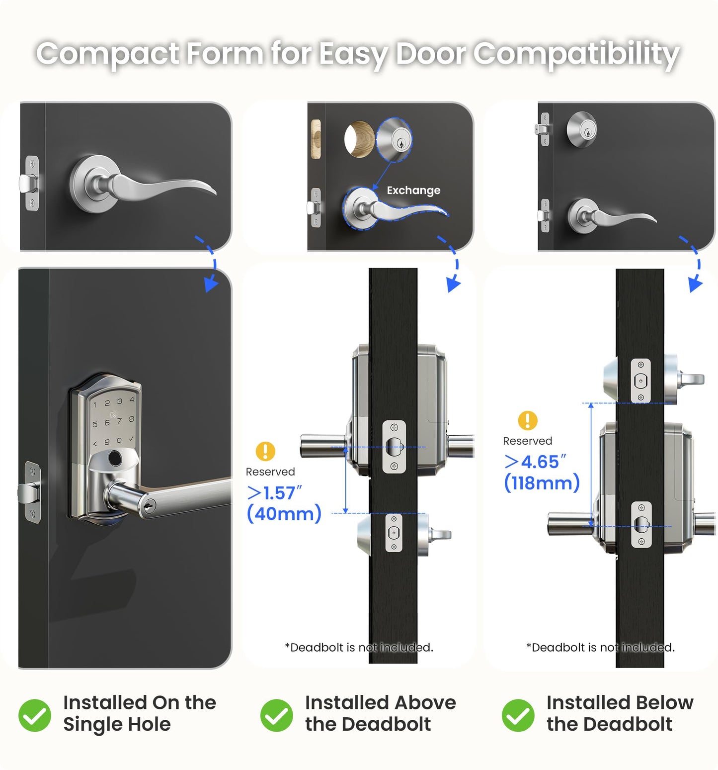 Veise VE029 WiFi Smart Lever Lock, Fingerprint Keyless Entry Door Lock with Handle, Built-in WiFi, Remote App Control, Electronic Digital Knob for Front Door and Bedroom, IP65 Waterproof, Satin Nickel