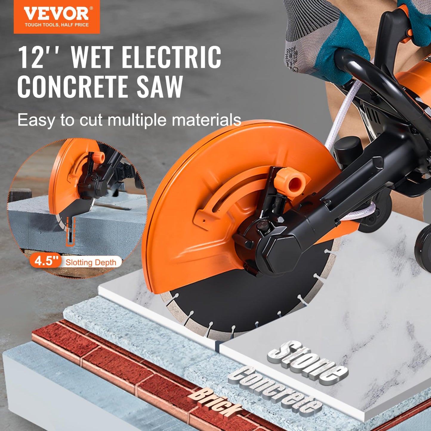 VEVOR Electric Concrete Saw, 12 in, 1800 W Motor Circular Saw Cutter with Max. 4.5 in Adjustable Cutting Depth, Wet Disk Saw Cutter Includes Water Line, Pump and Blade, for Stone, Brick