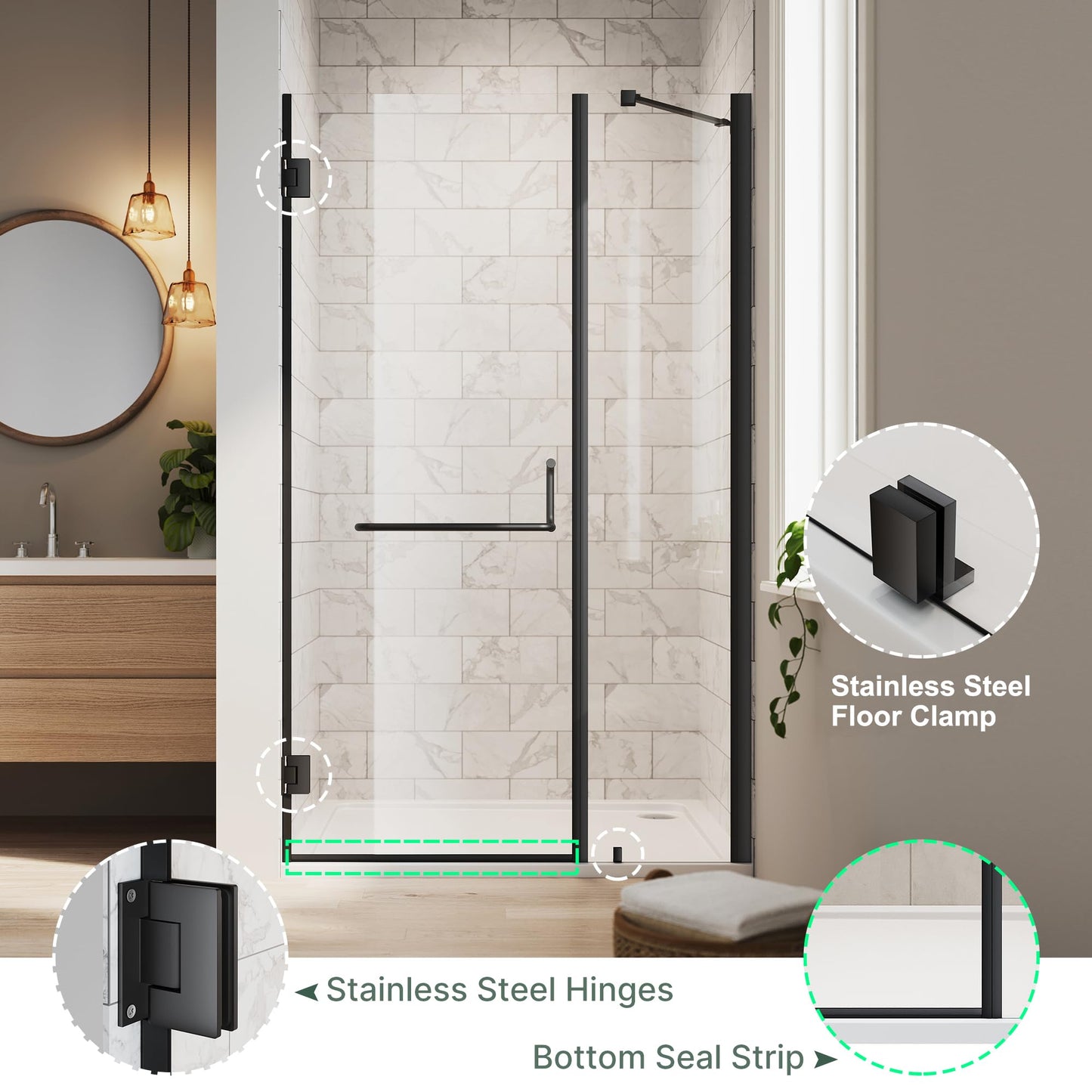 ELEGANT Frameless Shower Door 42'' W x 72'' H, Pivot Swing Glass Shower Door with 1/4'' Tempered Glass, Matte Black