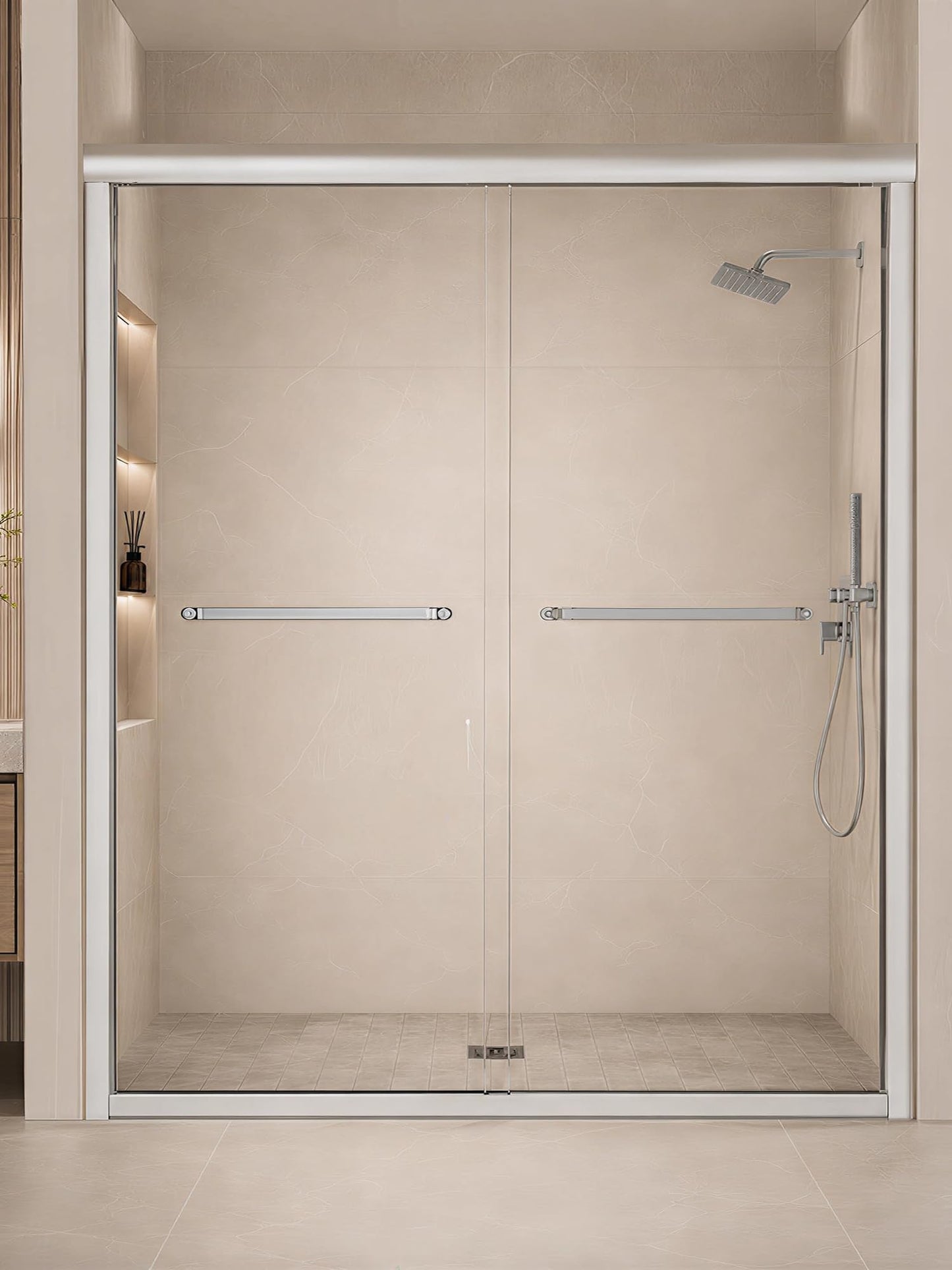 Semi-Frameless Sliding Glass Shower Door 56-60 in. W x 72 in. H, Chrome Frame, 1/4 in. Clear Tempered Glass, Bypass Shower Door, Reversible Shower Doors for Walk-in Bathroom