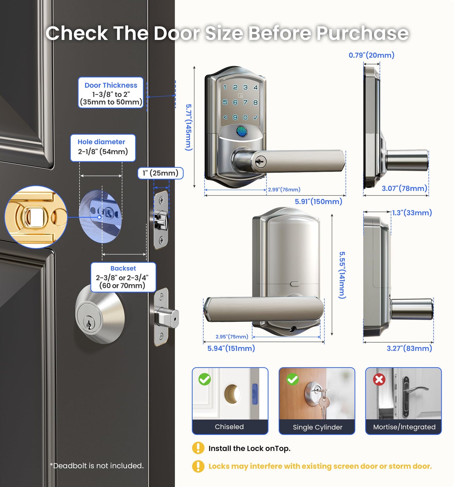 Veise VE029 WiFi Smart Lever Lock, Fingerprint Keyless Entry Door Lock with Handle, Built-in WiFi, Remote App Control, Electronic Digital Knob for Front Door and Bedroom, IP65 Waterproof, Satin Nickel