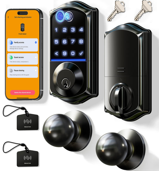 Veise VE017-K Fingerprint Smart Lock with 2 Knobs, App Control, Keyless Entry Front Door Lock Set, Electronic Touchscreen Keypad Deadbolt, Emergency Power Port, Easy Install, Auto-Lock, Matte Black
