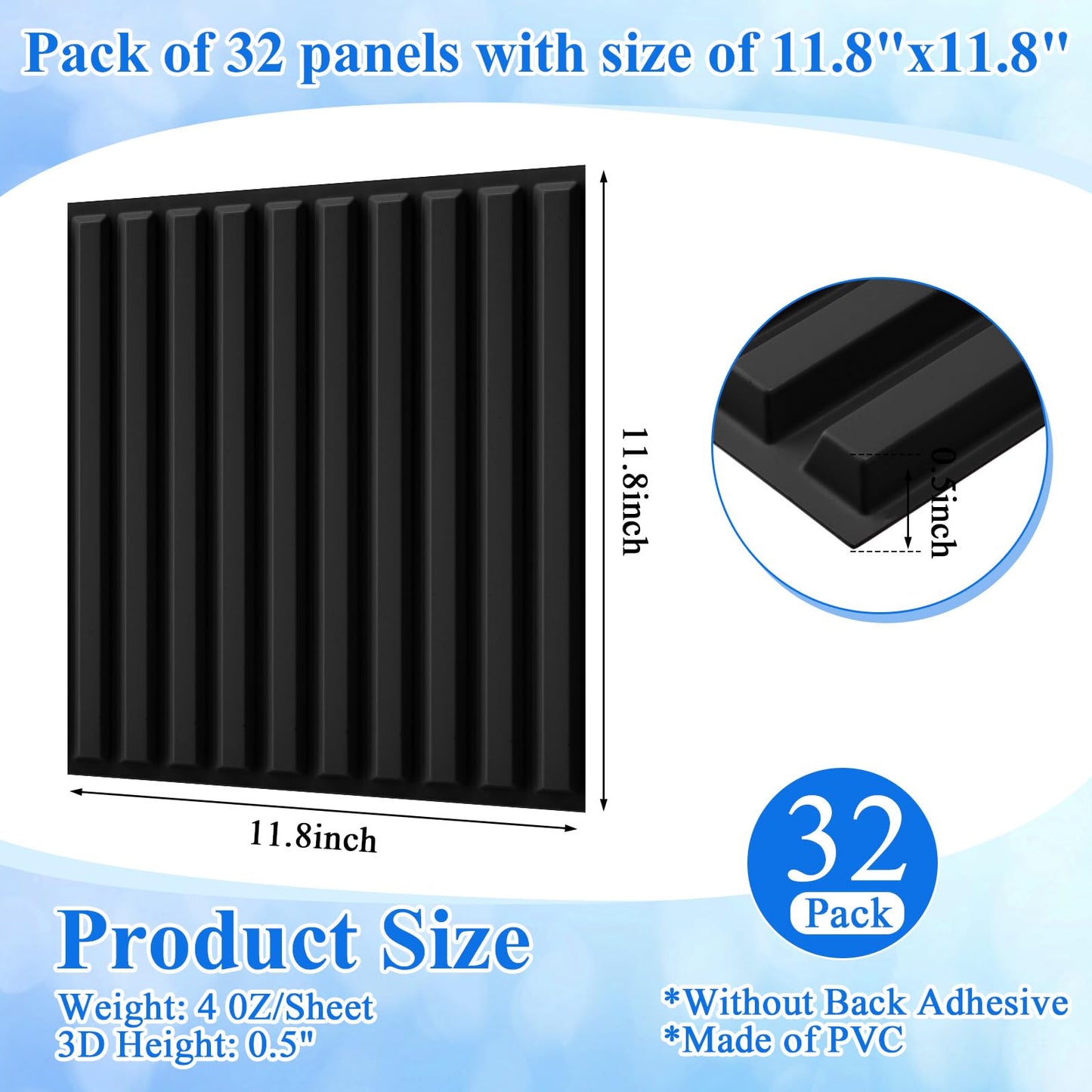 Nuanchu 32 Pcs 3D Wall Panels for Interior Wall Decor, 12''x12'' Fluted Textured Black Accent Tiles Waterproof Paintable for Living Room TV Background Bedroom Bathroom Gaming Room, 32 Sq. ft Coverage