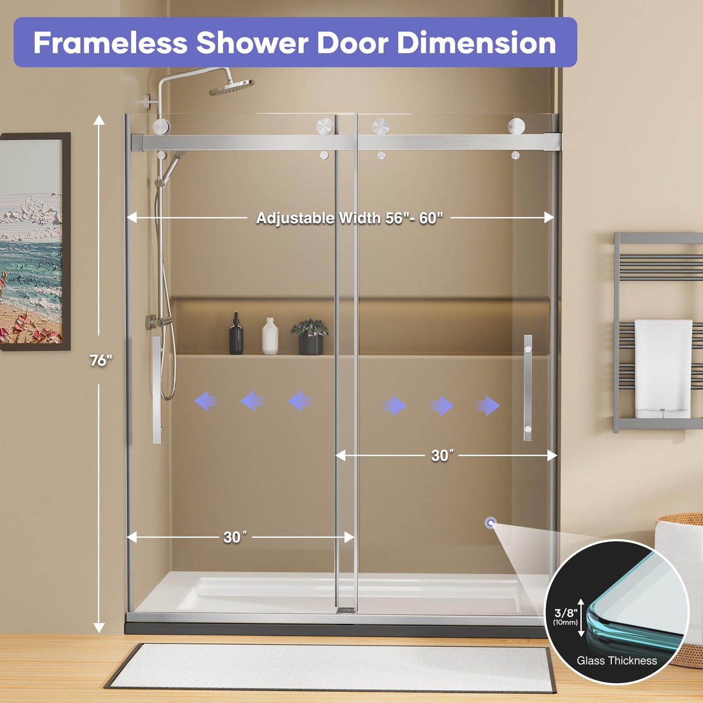 AVKENOEDY Shower Door,60" W x 76" H Frameless Shower Door,Double Sliding Shower Door with Premium 3/8" (10mm) Thick Tempered Glass, Stainless Steel, Brushed Nickel