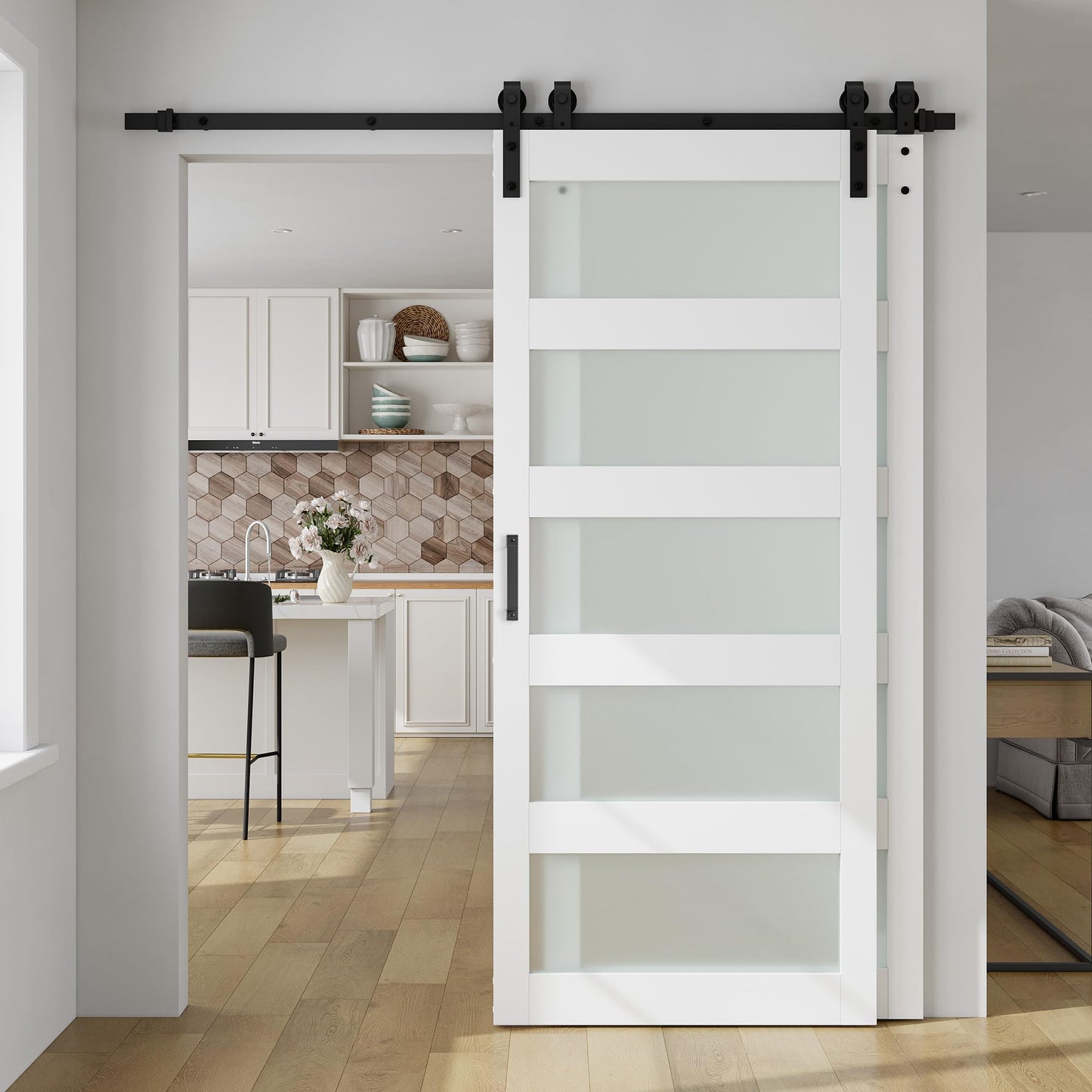 SmartStandard 42in x 84in Double Glass Sliding Barn Door with 7FT Bypass Sliding Barn Door Hardware Kit, 5-Panel Frosted Glass,Waterproof, Save Space, Easy Install, Fit 72"-76" Openning, White