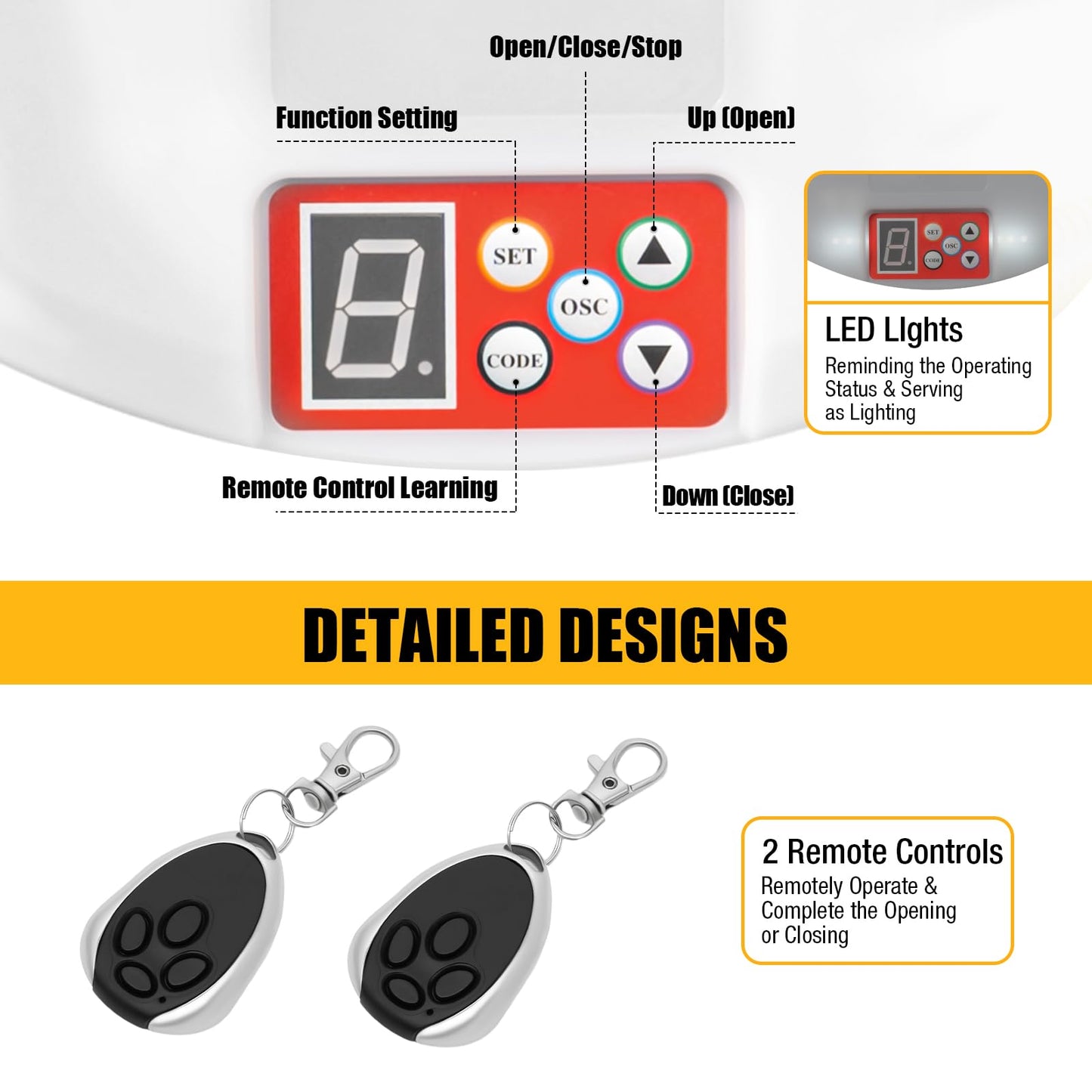 Fenjidrop Automatic Garage Roller Door Opener, Roll Up Door Opener, Smart Garage Door Openers 2 Remotes with LED Lift Force 800N Power 100W 164 Ft, 110V AC 100W