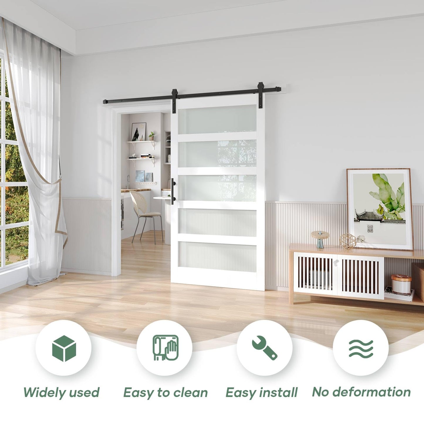 Fredbeck 42in x 84in White Glass Barn Door with 7FT 84inch Sliding Doors Hardware Kit Included & Handle,PVC Surface,Need to Assembly,Water-Proof