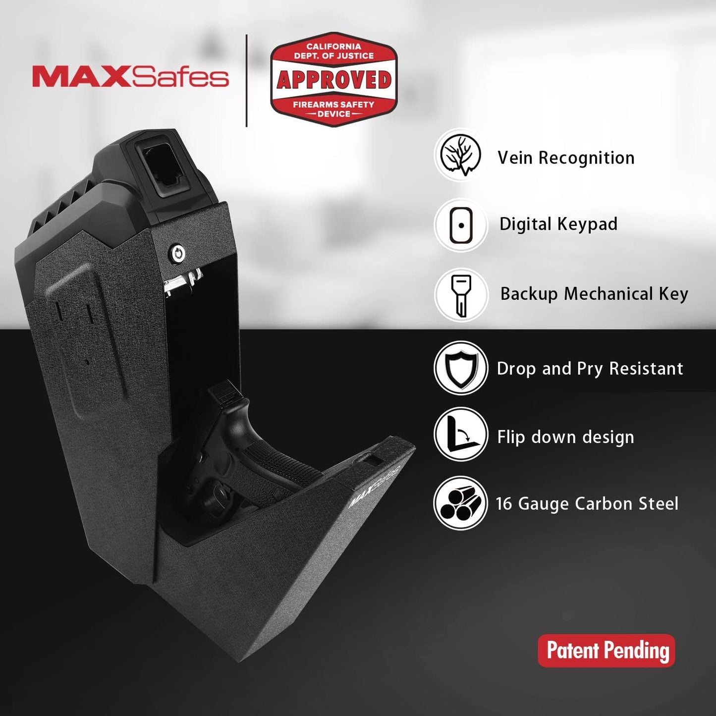 MAXSafes Drop Down Vault with Super Biometric Finger Vein Recognition lock, Fast auto-open Handgun Box, Quick-access Pistol Safe Wall Mounting for Desk Table, CA DOJ approved