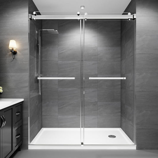 Dyvalis 49-54" W x 76"H Frameless Double Sliding Shower Door for Walk-In Shower,5/16" (8mm) SGCC Certified Clear Tempered Safety Glass,Easy-Clean Coating,Quiet Heavy-Duty Roller System, Brushed Nickel
