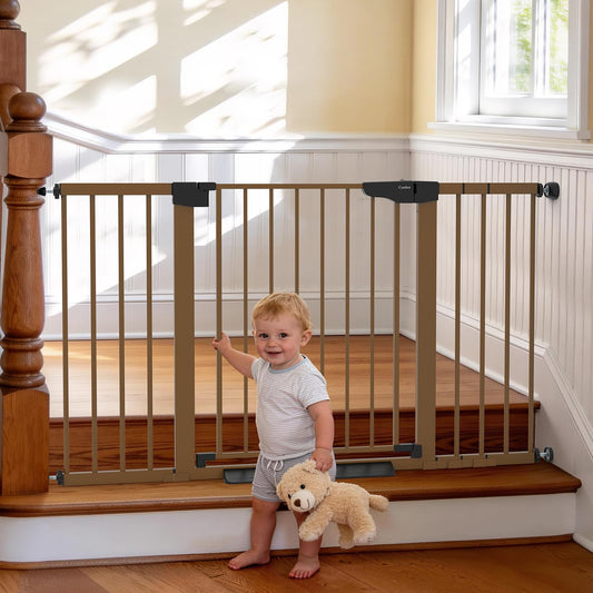 Cumbor 30-54" Extra Wide Baby Gate for Stairs, Dual Lock & Self-Closing Dog Gate Indoor, Easy Install Pet Gate for Doorways, Hallways & Kitchen, Easy Walk Thru Safety Proofing for Babies & Pets, Brown
