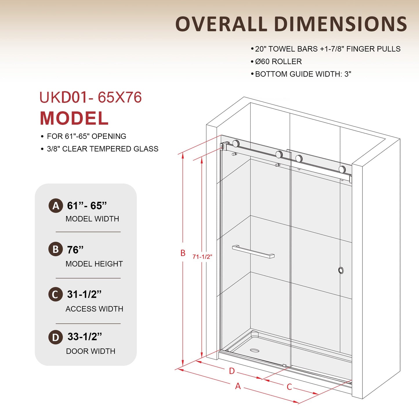 UKD01 61 to 65 in. W x 76 in. H Double Sliding Frameless Shower Doors - Stainless Steel 3/8" (10mm) Certified Tempered Glass 65x76-SG