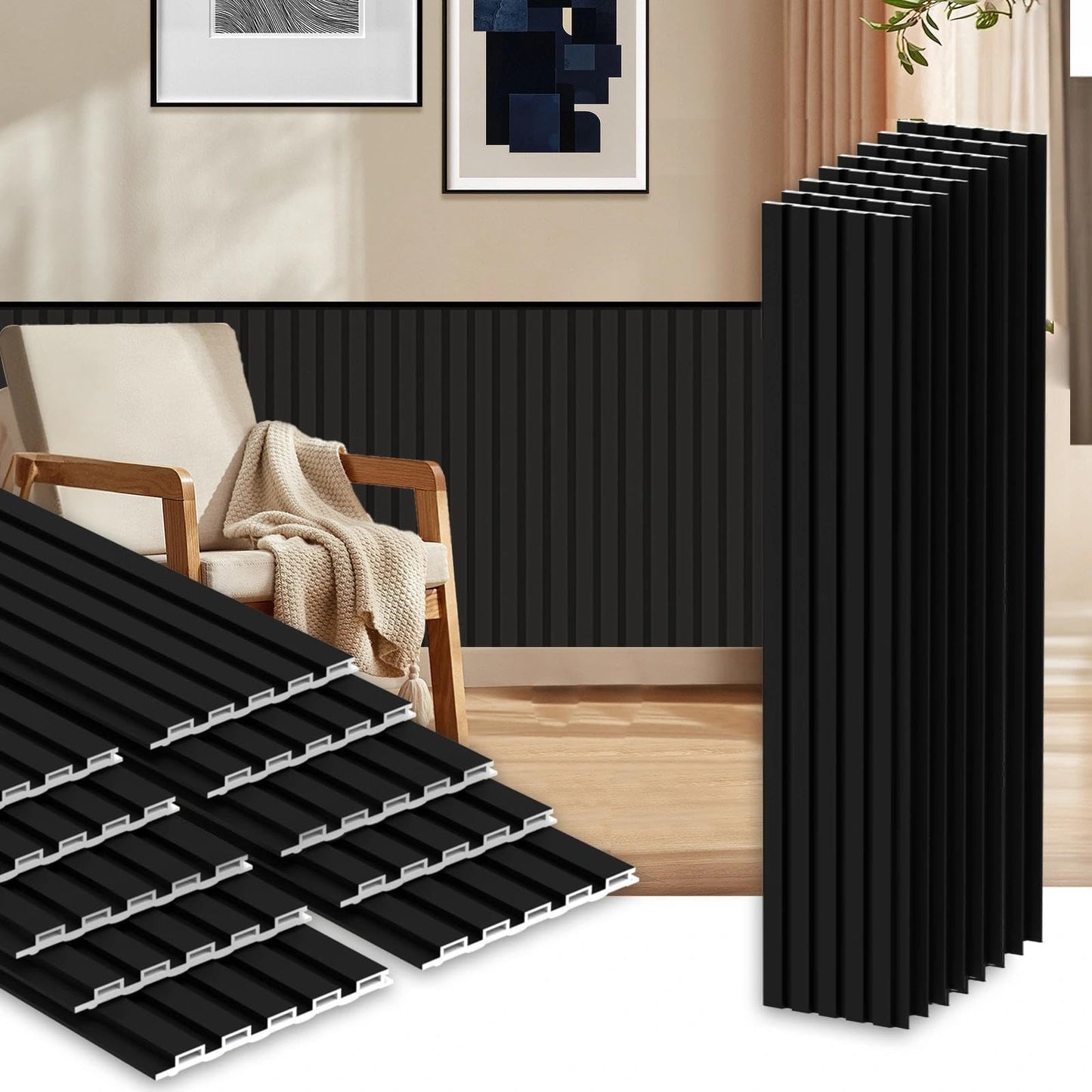 RITOLLO 18Pack WPC Wainscoting Panels, 48.2 x 6.2 Inches 3D Accent Slat Wall Panels for Interior Wall Decor, Fluted Wood Paneling for Living Room, TV Background, Office, Bedroom(Matte Black)