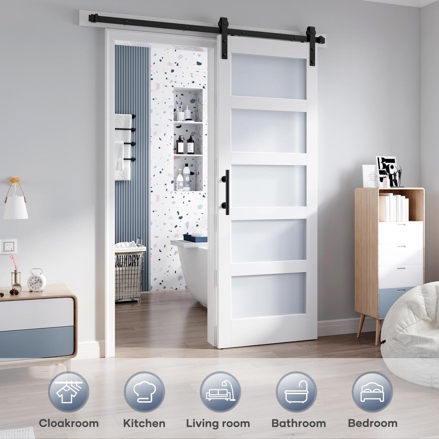 ROYMELO 32x80 Inch Glass Sliding Barn Door Slab and 5.5ft Hardware Kit Included, 5 Frosted Glass, LVL Wood Panel Covered with White Water-Proof Scratch-Proof PVC Surface, Simple DIY Assembly