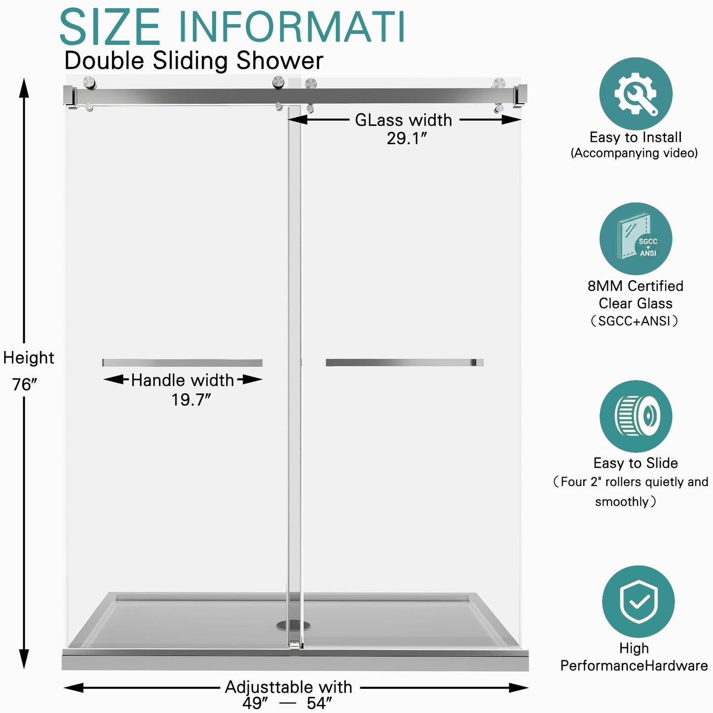 Dyvalis 49-54" W x 76"H Frameless Double Sliding Shower Door for Walk-In Shower,5/16" (8mm) SGCC Certified Clear Tempered Safety Glass,Easy-Clean Coating,Quiet Heavy-Duty Roller System, Brushed Nickel
