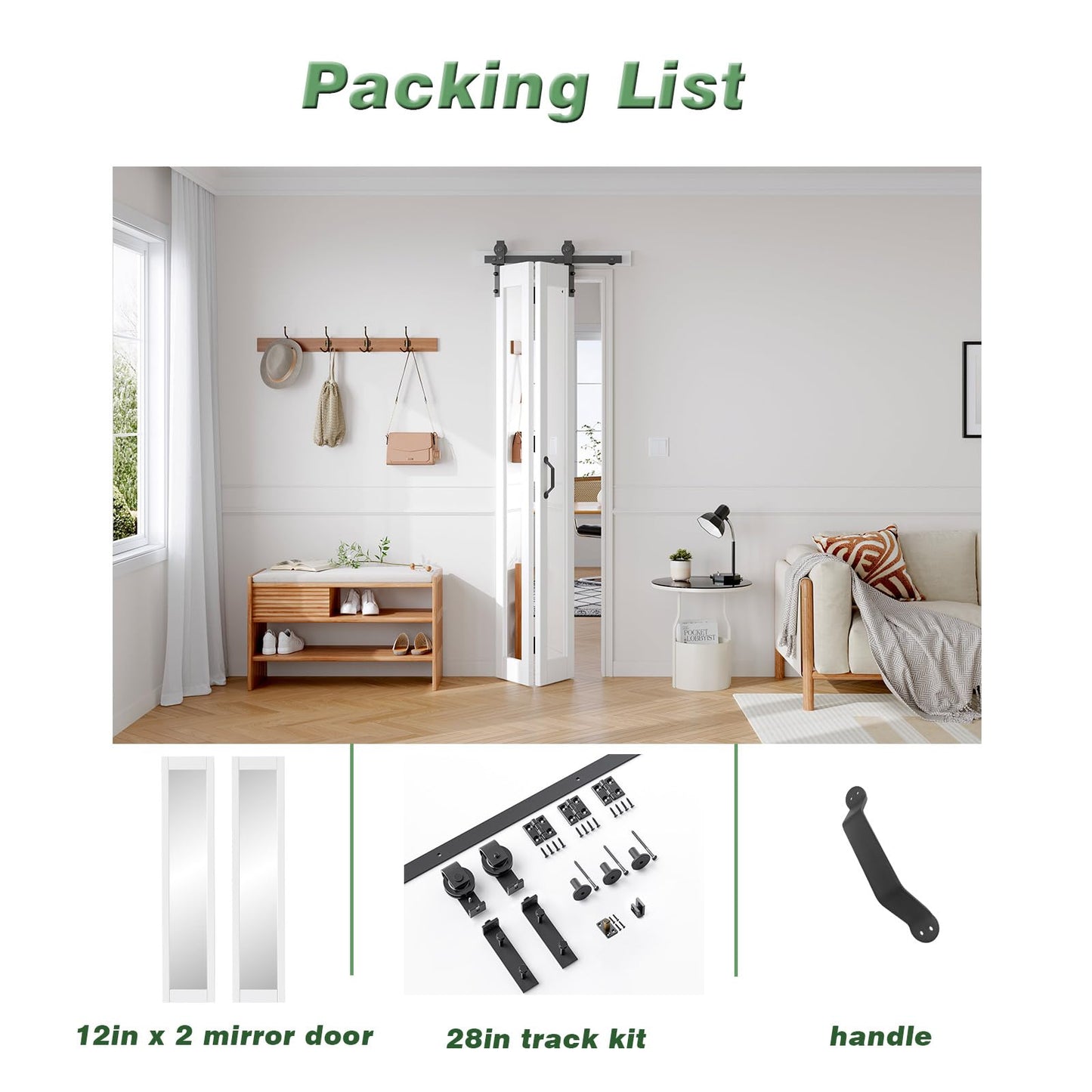 FREDBECK Preassembled Bifold Barn Door 24x84 (Double 12x84) with 1 Lites Mirror,Bi-fold Closet Doors Hardware Kit Included,28" Track for 2 Doors, PVC, White,for Living Room, Bathrooms, Kicthen