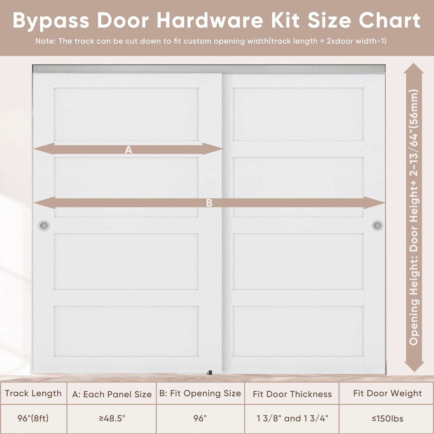 JUBEST Bypass Door Hardware 96", Aluminum Sliding Closet Door Hardware Set with Finger Pull Included, Smoothly and Quietly, for 2 Door System, Fit Door Thickness 1 3/8" or 1 3/4", Easy to Install