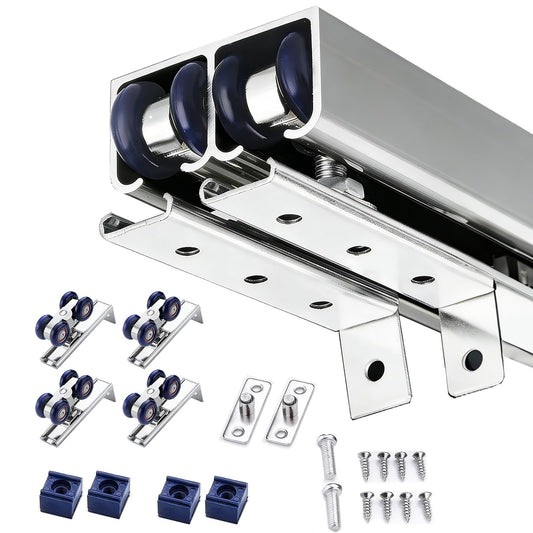 Hanging Bypass Sliding Door Hardware Kit, Ceiling Mount Double Rail System, Aluminum Track for Bedroom Closet Bathroom Single/Double Door(Silver,380cm/150 inch)