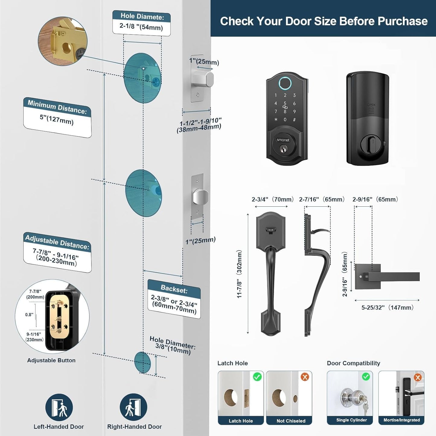 Smart Lock Front Door, SMONET Keyless Entry Door Lock with Handle, Smart Front Door Lock Set Fingerprint Smart Deadbolt Bluetooth Electronic Digital Keypad Lock, Auto Lock Work with Alexa, Black