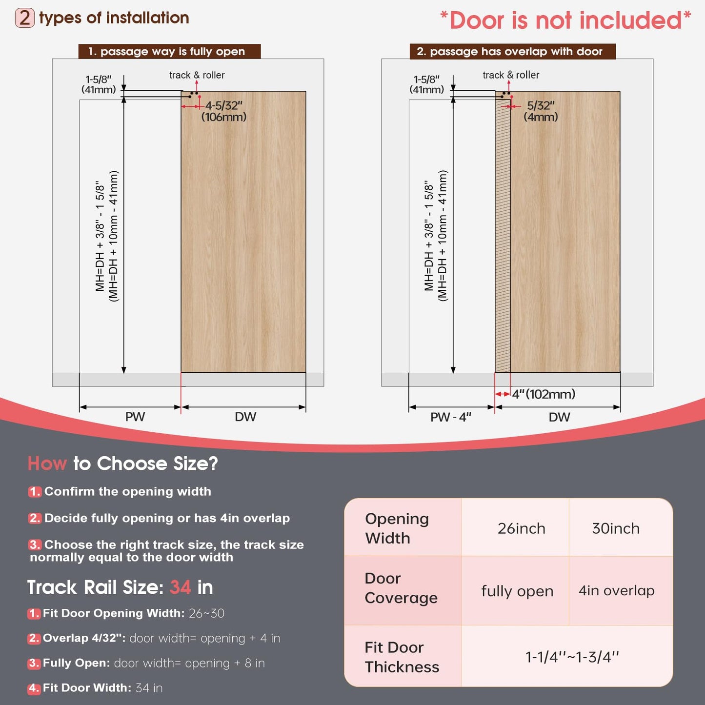 34" Concealed Sliding Barn Door Hardware Kit with Soft Close Mechanism for 26in Passage Opening, Hidden Sliding Door Hardware, Wall Mount for Interior Wooden Door (NO Door)