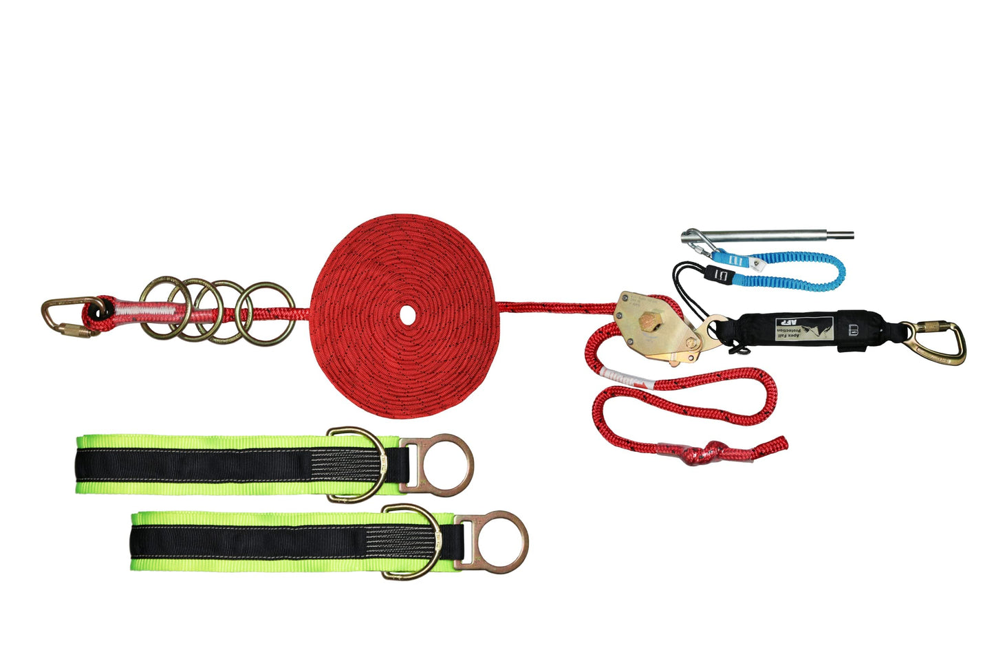 AFP Horizontal Lifeline System|Temporary 4 Man 100’ Fall Protection Rope w/Two Cross Arm Straps, Energy Absorber, Carabiners, Rope Tensioner, Pin & Carrying Bag|OSHA/ANSI Rated PPE|Free Tool Lanyard