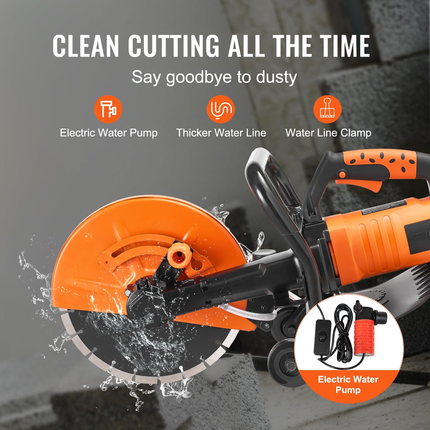 VEVOR Electric Concrete Saw, 12 in, 1800 W Motor Circular Saw Cutter with Max. 4.5 in Adjustable Cutting Depth, Wet Disk Saw Cutter Includes Water Line, Pump and Blade, for Stone, Brick