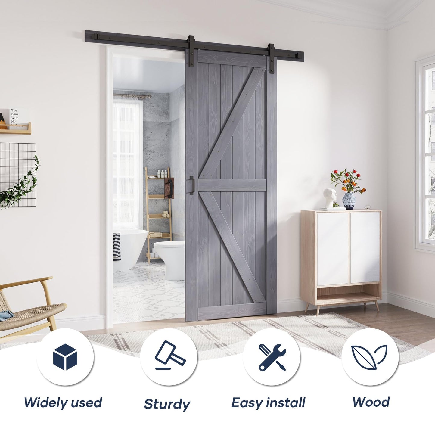 FREDBECK 36in x 96in Gray Wood Barn Door Slab with 6.6ft (79inch) Barn Door Hardware Track Kit Included, Double Surfaces,Simple Assembly is Required,K-Frame,Grey