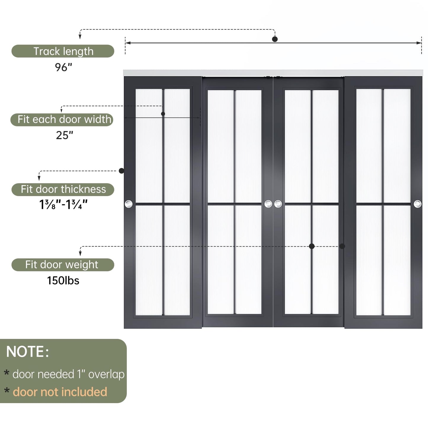 EaseLife 8FT/96in Bypass Double Sliding Pocket Door Hardware Kit,Commercial Grade,Aluminum,Bypassing Closet Doors Track for 4 Door System,Slide Smoothly Quietly,Easy Install,No Door
