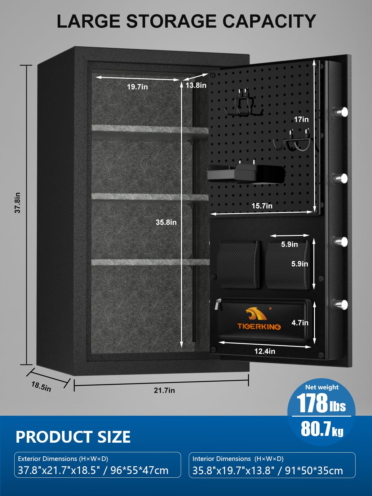 TIGERKING 8.78 Cu Ft Fireproof and Waterproof Safe with Digital Lock, DIY Pegboard Door, Heavy-Duty Steel Large Floor Safe for Home & Office, 40-Min 1200°F Fireproof & 72-Hr Waterproof Protection