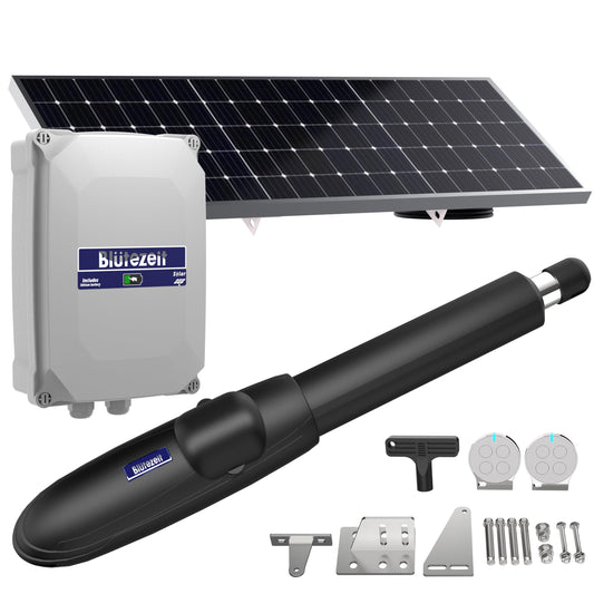 Blütezeit Solar Swing Gate Opener, 880lb Single-Arm Operator with Built-in 24V Lithium Battery & 25W Solar Panel, Integrated Control Box for Easy Install, Smart Auto Setting, 2 Remotes & Complete Kits