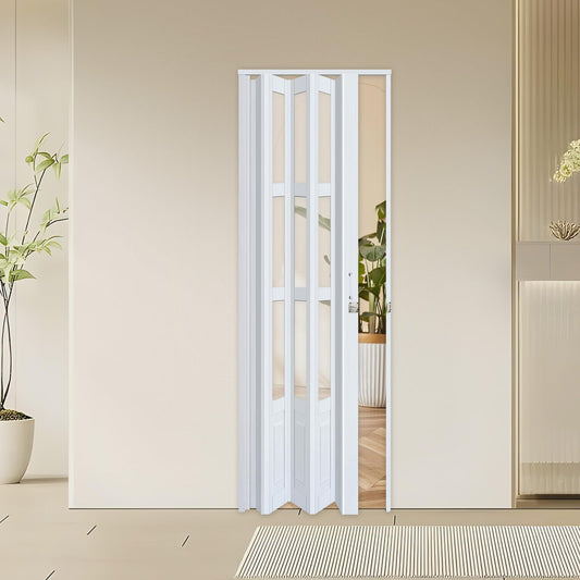 CCBOYSHARDWARE 32X80in Accordion Door with Clear Windows, PVC Folding Door with Lock & Handle, Space-Saving Bifold Door for Closet,Pantry & Room Divider, Easy to Install,Light Filtering
