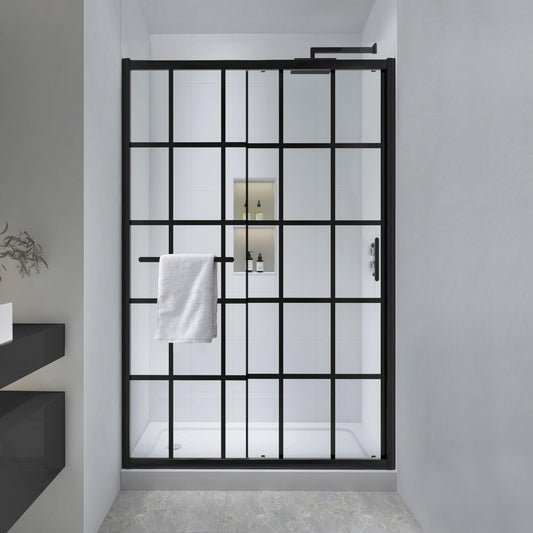 FELYL Black Grid Sliding Shower Door 43-48" W x 72" H, Matte Black, Single Sliding Door, Framed, 1/4" (6mm) SGCC Tempered Glass, Reversible Installation