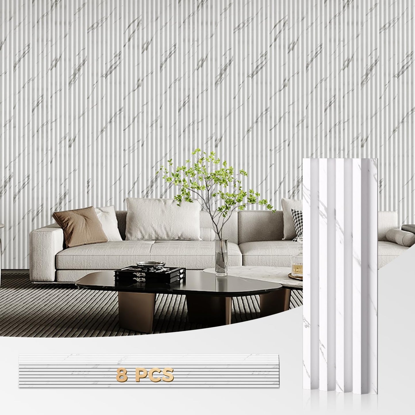 OUZUGIE WPC Acoustic Slat Wall Paneling, 8-Pack 114 x 6 Inches 3D Wall Panels for Interior Wall Decor,Living Room,TV Background,Study Room,Office Spaces,Bedroom,High Grille (White)