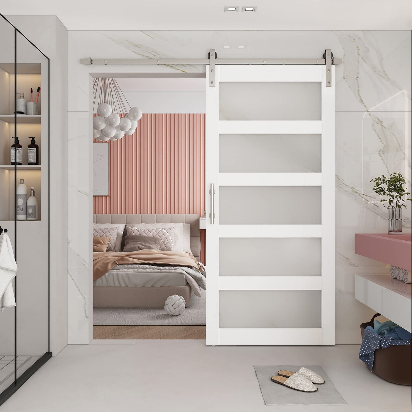 BARNSMITH 42in x 84in Glass Barn Door with 7FT Brushed Nickle Sliding Door Hardware Kit Included & Handle,5-Panel Frosted Glass Solid Wood Water-Proof PVC Surface,Pre-Drilled Easy Assembly,White