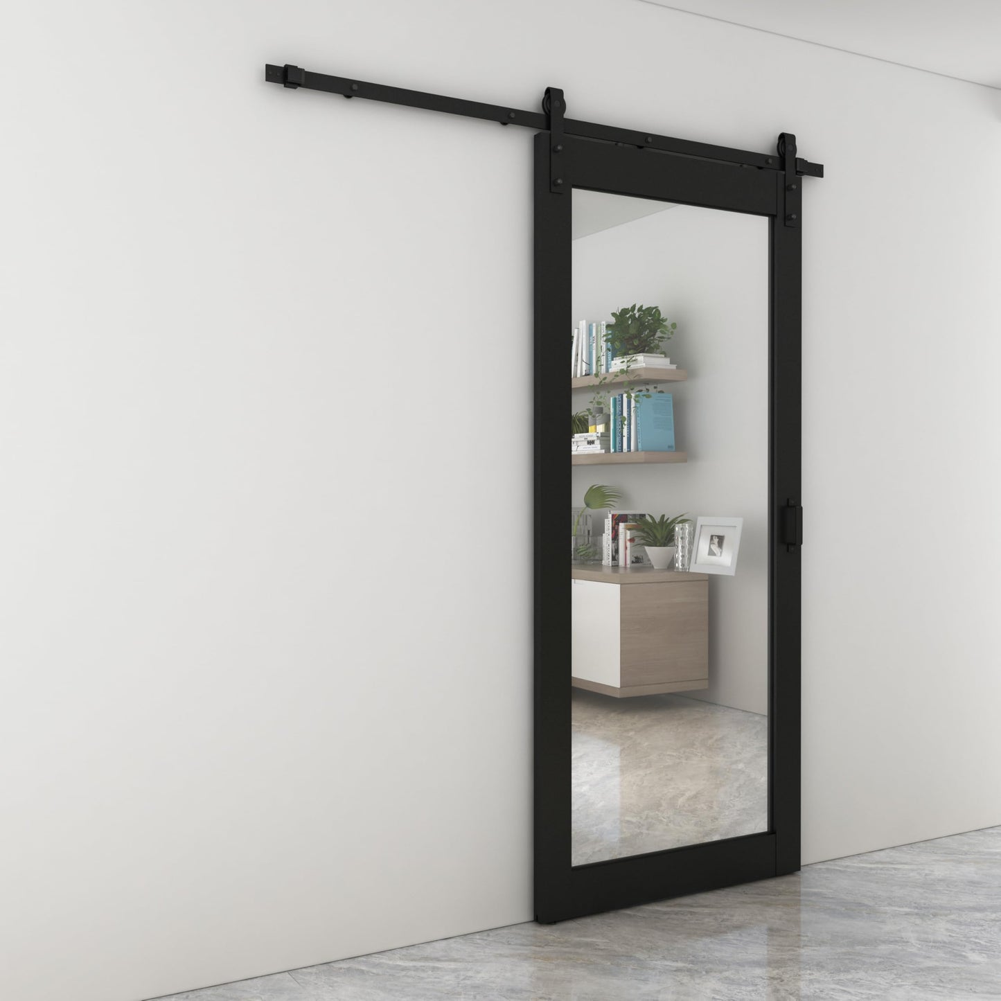 36 in. x 84 in. Mirrored Glass Black MDF Interior Sliding Barn Door with Hardware Kit and Door Handle