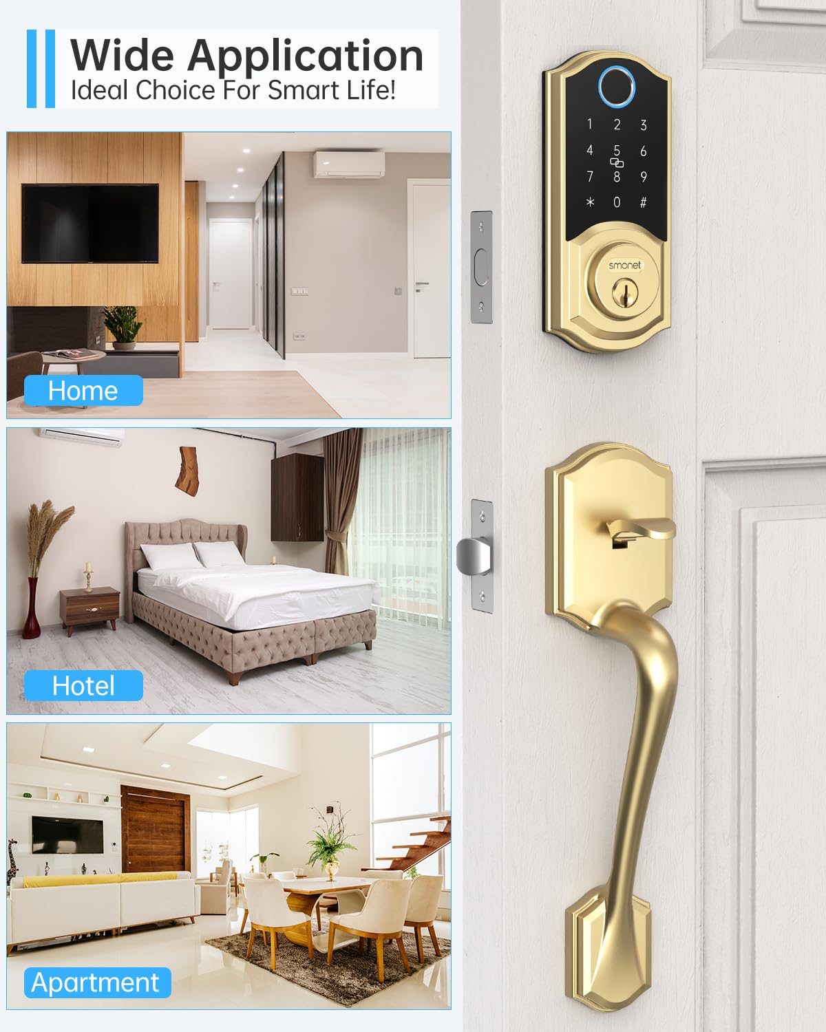 SMONET Smart Lock Brass Fingerprint Deadbolt, Keyless Entry Door Lock with App Remote Control,Electronic Touchscreen Keypad Biometric Smart Locks for Front Door,Auto Lock,Gold
