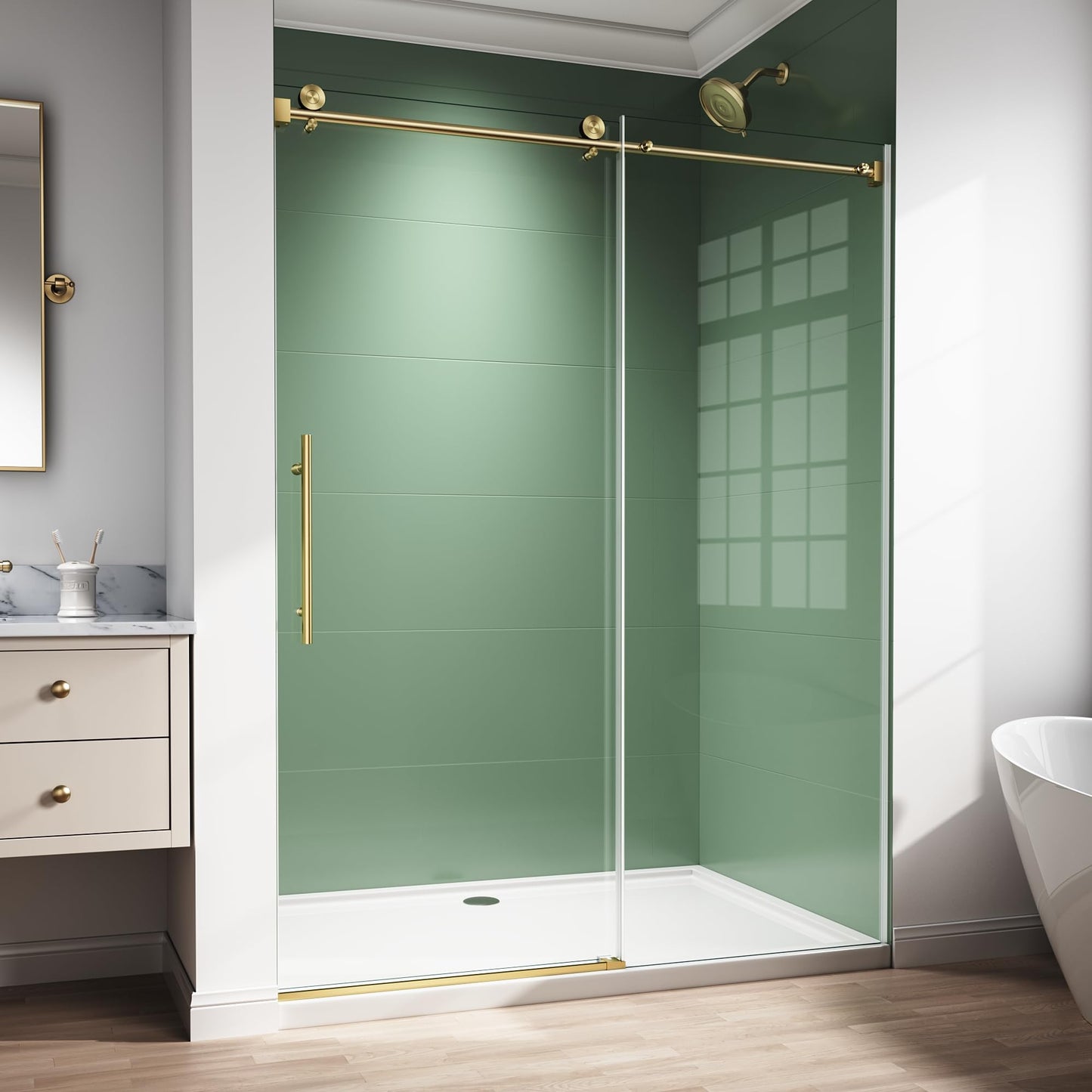 50-54" W x 76" H Frameless Sliding Shower Door, 5/16" (8mm) Clear Tempered Glass with Easy-Clean Coating, Sliding Glass Shower Door for Bathroom, Stainless Steel Hardware (Brushed Gold, 54" W x 76" H)