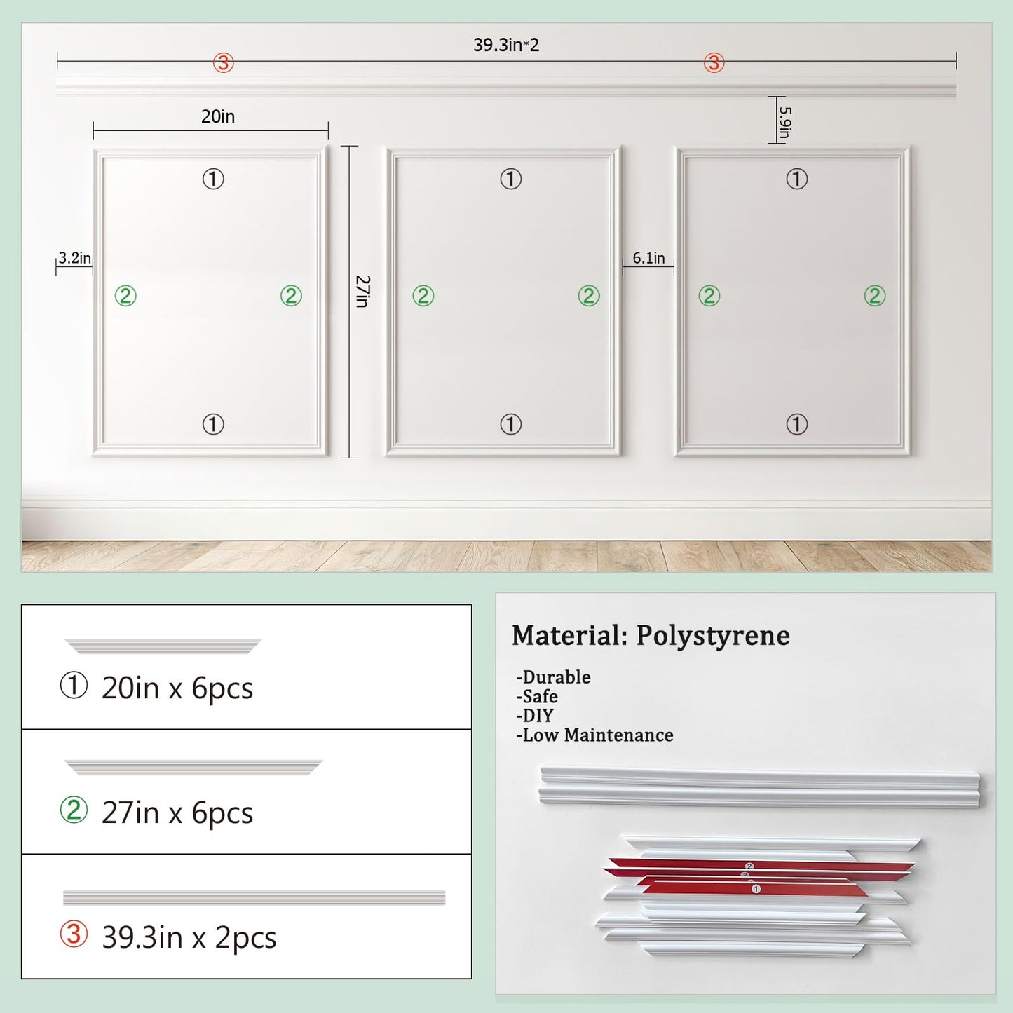 Peel and Stick Wainscoting Panels, 3 Set 20"x27" Wall Molding + 2pcs Chair Rail Trim, Pre-Cut Self Adhesive Premade Molding Panel for Bathroom Hallway Door Nursery Wall, Ready to Assemble