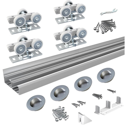 BARNSMITH 8FT/96 Bypass Door Hardware,Heavy Duty Aluminum Sliding Closet Door Hardware with Finger Pulls for 2 Doors System,Sturdy and Smoothly,Fit Door Thickness 1 3/8" or 1 3/4",Easy to Insatll