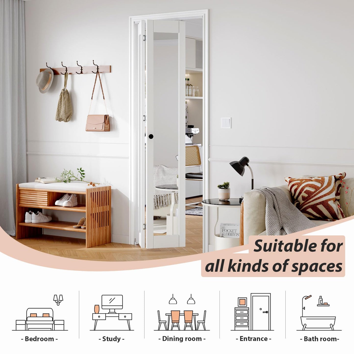 FREDBECK Bifold Door for 30x80 Opening (Double 15x80) with 1 Lites Mirror ,Interior Bi fold Barn Doors and Concealed Hardware Kit Included, PVC Surface, White,for Closet,Pantry,Kicthen