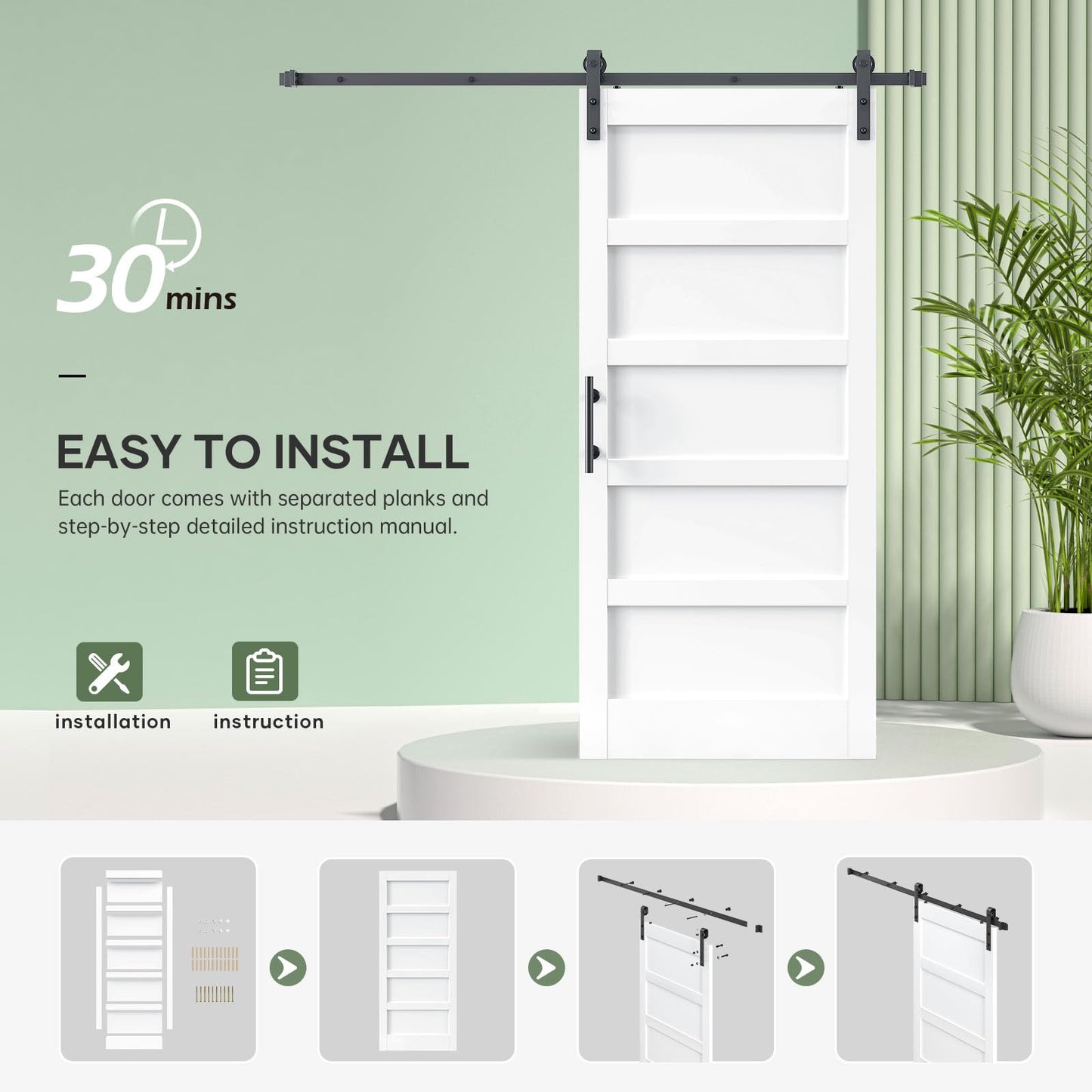 ROYMELO 36x84 Inch White Sliding Barn Door Slab with 6.6ft Hardware Kit Included, 5-Panel, MDF Wood Panel Covered with Water-Proof Scratch-Proof PVC Surface, Simple DIY Assembly