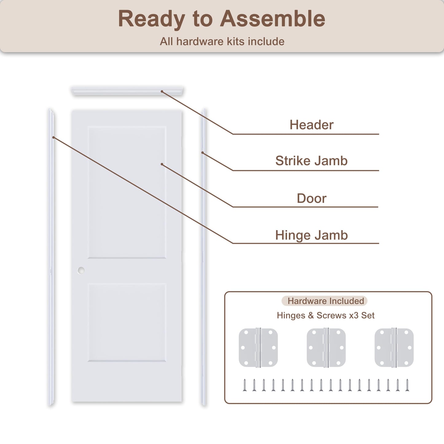 JUBEST 28"x80" Left-Hand Prehung Interior Door with Knock Down Jamb Kit & Satin Nickel Hinges, 2-Panel White Primed Hollow Core Molded Door Slab with Bore & Hinge Cutout, Durable & Sturdy, No Handle