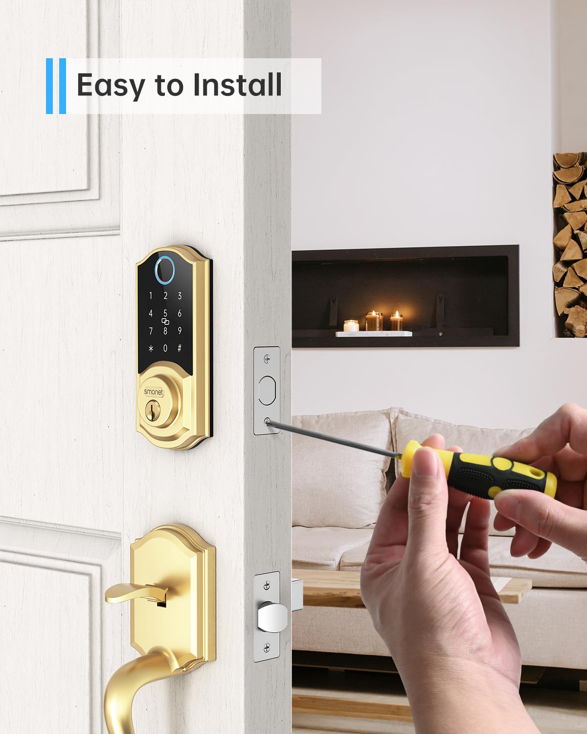 SMONET Smart Lock Brass Fingerprint Deadbolt, Keyless Entry Door Lock with App Remote Control,Electronic Touchscreen Keypad Biometric Smart Locks for Front Door,Auto Lock,Gold