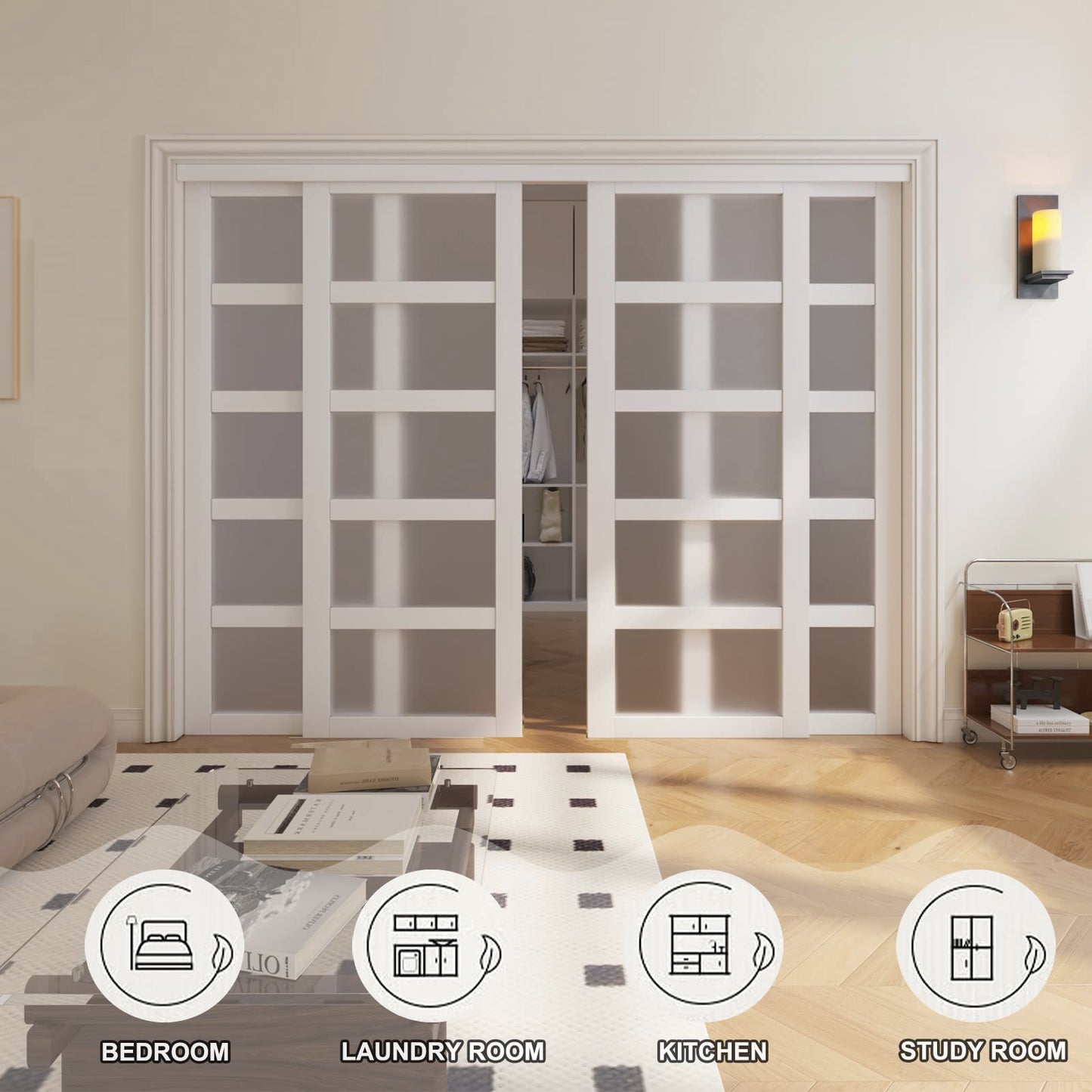 SOLRIG Sliding Closet Door, 5-Lite Frosted Glass Interior Door, 60"(Double 30") x 80" Closet Doors with Complete Hardware Track Kit & Floor Guide, Pre-Drilled Sliding Door Panel Assembly Required