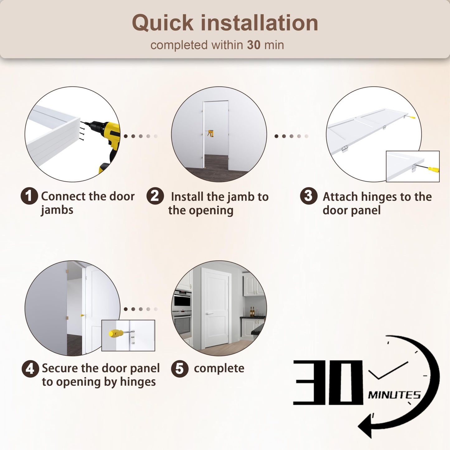 JUBEST 28"x80" Left-Hand Prehung Interior Door with Knock Down Jamb Kit & Satin Nickel Hinges, 2-Panel White Primed Hollow Core Molded Door Slab with Bore & Hinge Cutout, Durable & Sturdy, No Handle