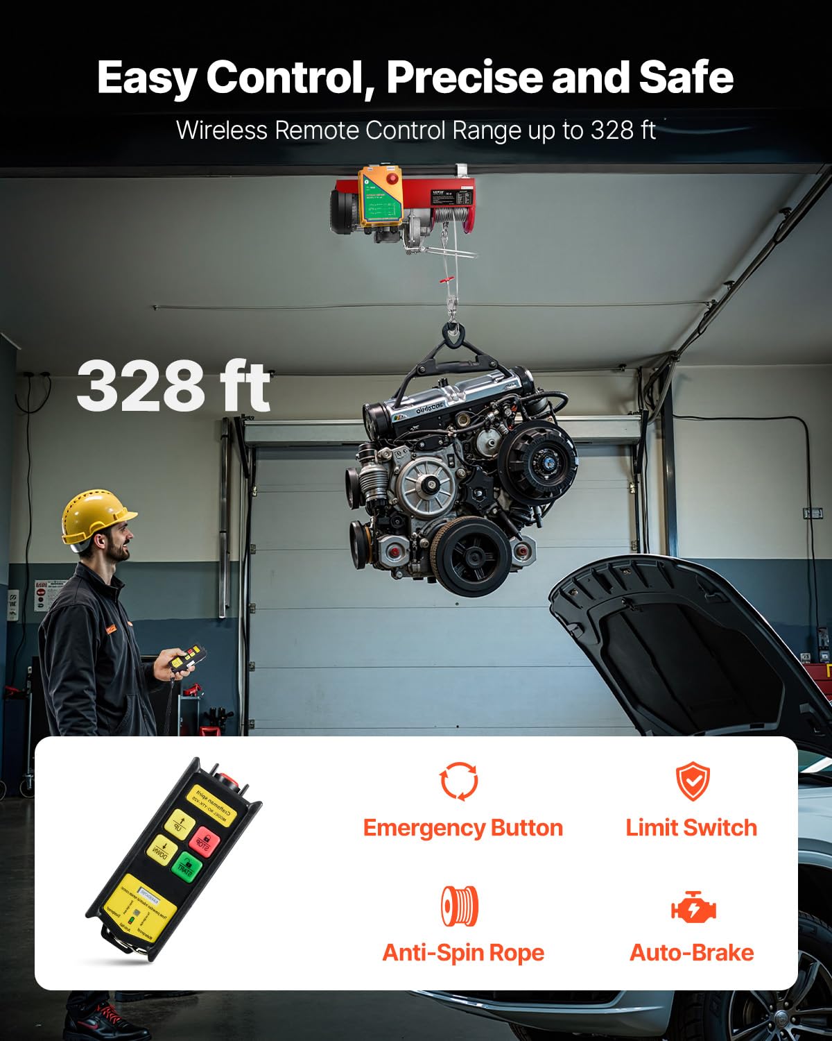 VEVOR 2200lbs Electric Hoist with Wireless Remote Control,110v Electric Hoist with Remote Control, 40ft/20ft Lifting Height & Motor, for Garage Warehouse Factory