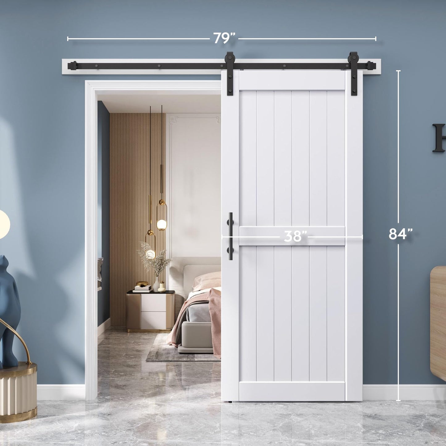 EaseLife 38 x 84 inch White Barn Door with 6.6FT Sliding Door Hardware Kit Included & Handle,Solid Wood Covered with Waterproof PVC Surface,DIY Assemblely,Easy Install,H-Frame,Fit 34-36in Wide Opening