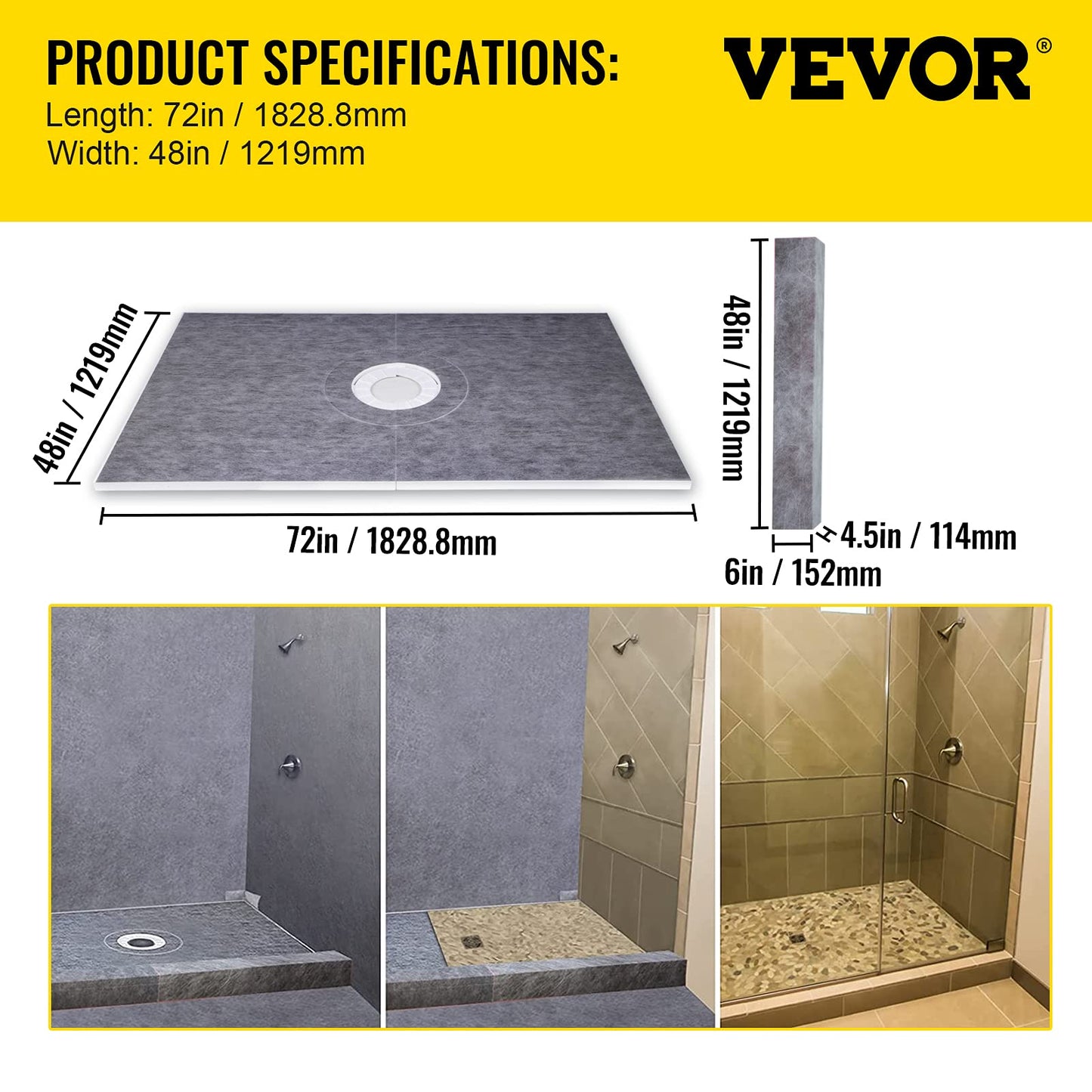 VEVOR Shower Curb Kit, 48"x72" Watertight Shower Curb Overlay with 4" PVC Central Bonding Flange, 4" Stainless Steel Grate, 2 Cuttable Shower Curb and Trowel, Shower Pan Slope Sticks Fit for Bathroom
